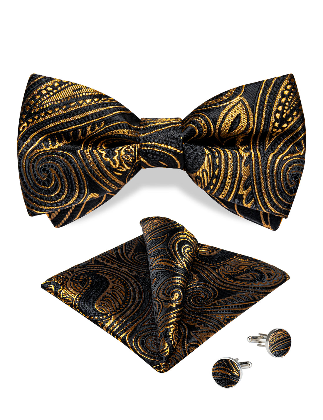 Black Golden Floral Silk Men's Pre-Bowtie Pocket Square Cufflinks Set