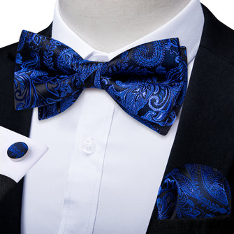 Blue Floral Silk Men's Pre-Bowtie Pocket Square Cufflinks Set