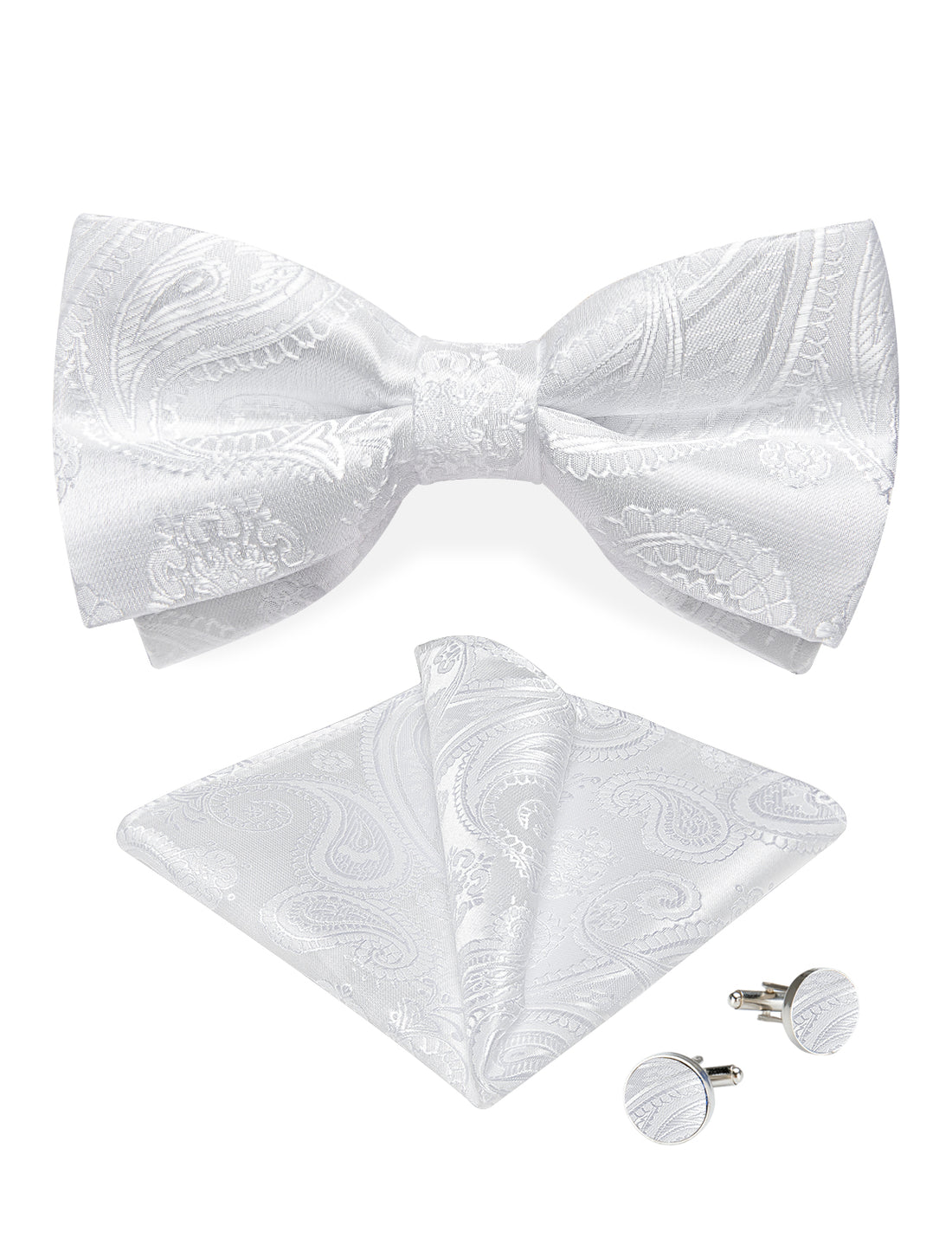 White Floral Silk Men's Pre-Bowtie Pocket Square Cufflinks Set