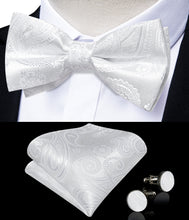 White Floral Silk Men's Pre-Bowtie Pocket Square Cufflinks Set