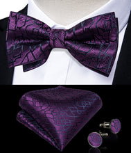 Purple Black Striped Silk Men's Pre-Bowtie Pocket Square Cufflinks Set