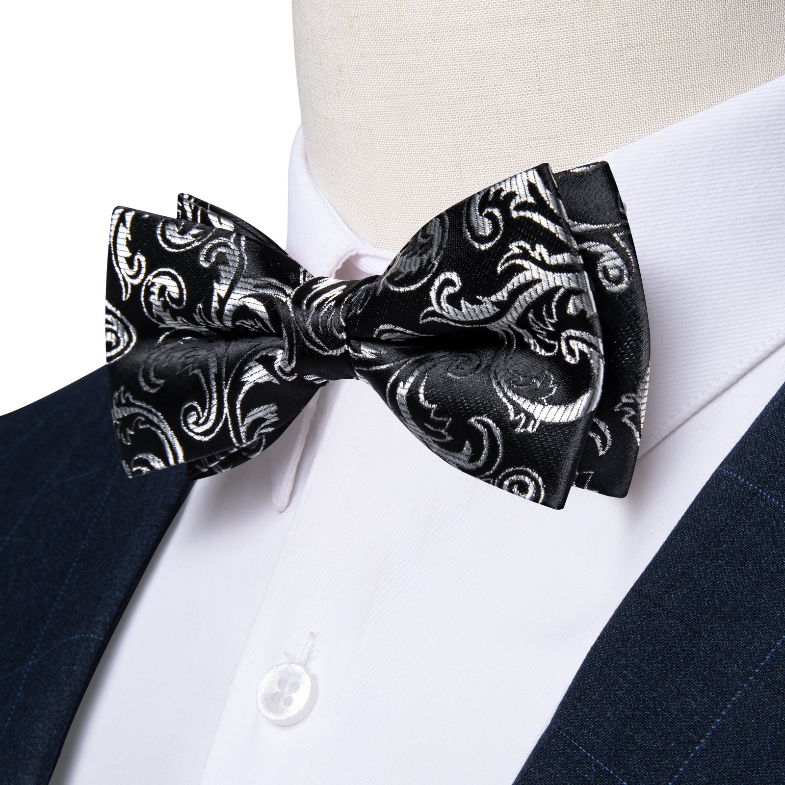 Black Silver Floral Silk Men's Pre-Bowtie Pocket Square Cufflinks Set
