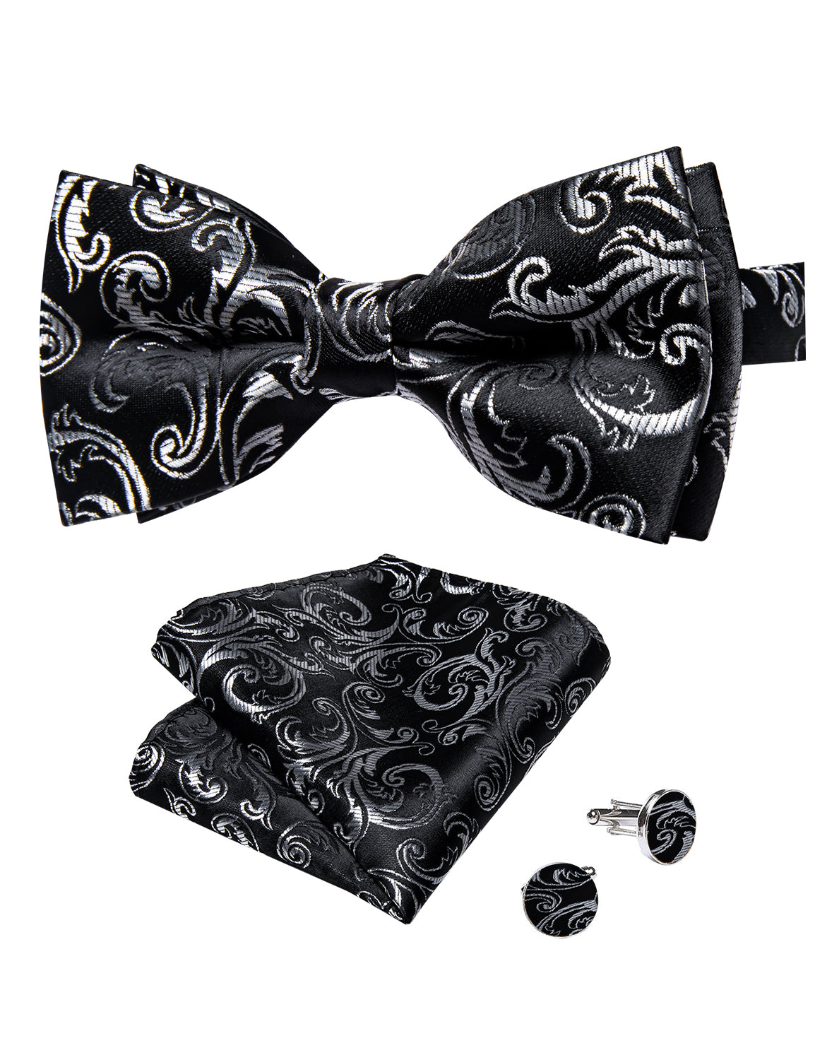 Black Silver Floral Silk Men's Pre-Bowtie Pocket Square Cufflinks Set