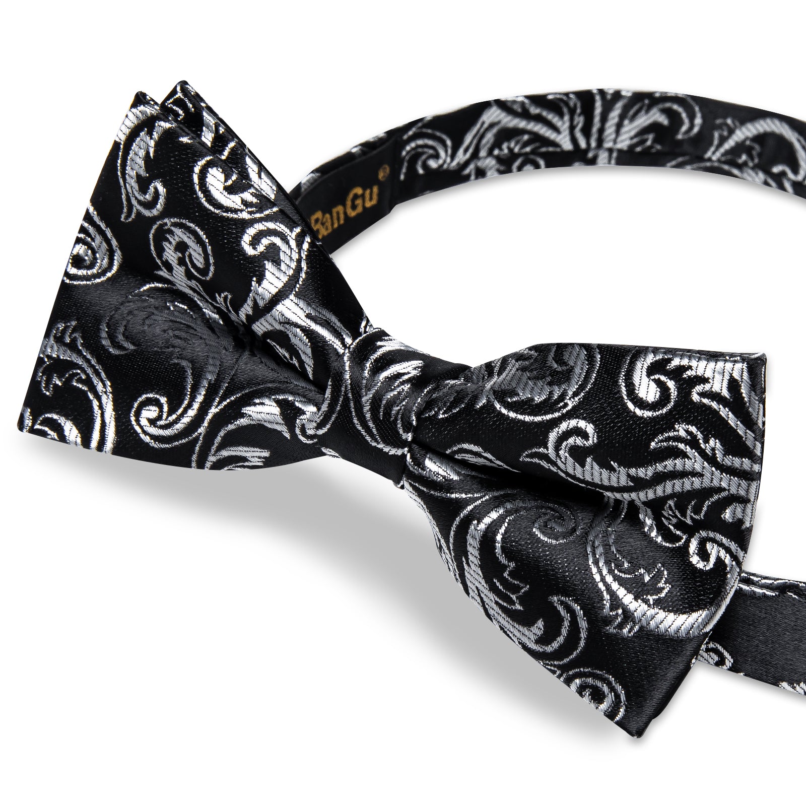 Black Silver Floral Silk Men's Pre-Bowtie Pocket Square Cufflinks Set