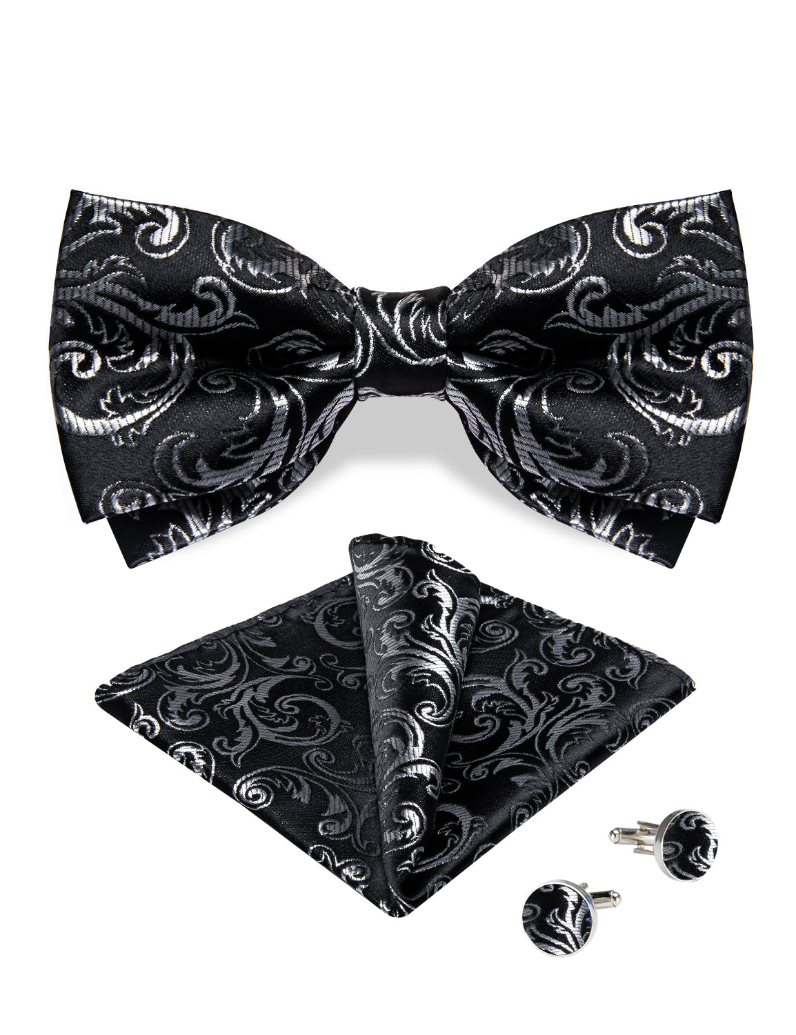 Black Silver Floral Silk Men's Pre-Bowtie Pocket Square Cufflinks Set