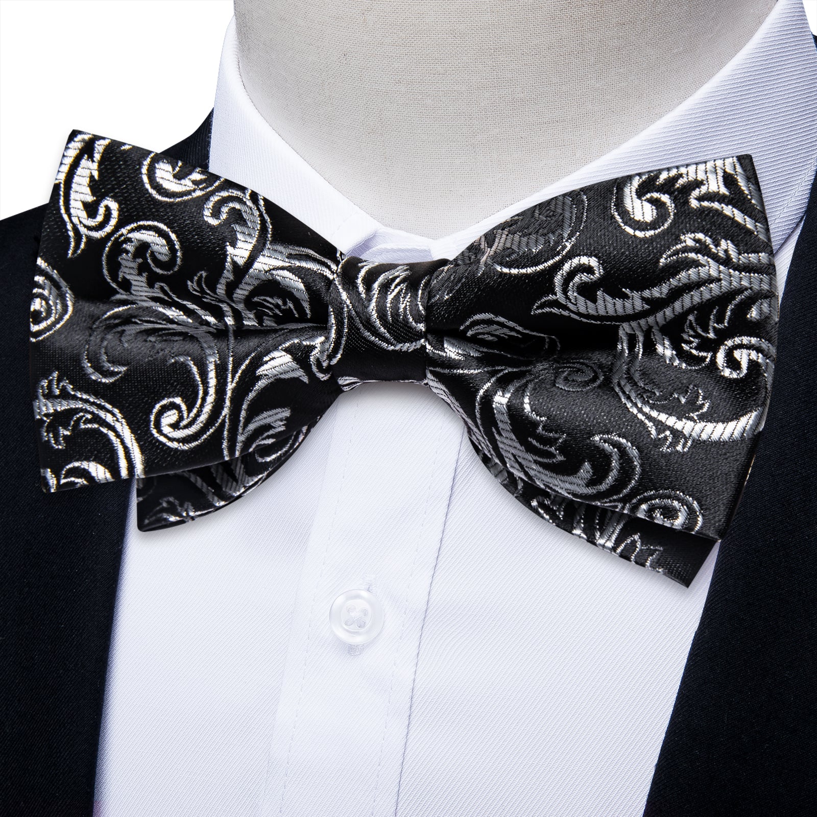 Black Silver Floral Silk Men's Pre-Bowtie Pocket Square Cufflinks Set