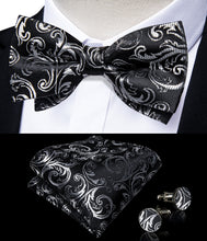 Black Silver Floral Silk Men's Pre-Bowtie Pocket Square Cufflinks Set