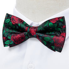 Green Red Floral Silk Men's Pre-Bowtie Pocket Square Cufflinks Set