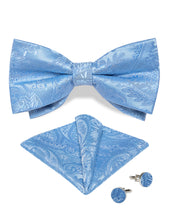 Blue Floral Silk Men's Pre-Bowtie Pocket Square Cufflinks Set