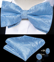 Blue Floral Silk Men's Pre-Bowtie Pocket Square Cufflinks Set