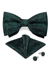 Black Green Floral Silk Men's Pre-Bowtie Pocket Square Cufflinks Set