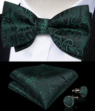 Black Green Floral Silk Men's Pre-Bowtie Pocket Square Cufflinks Set