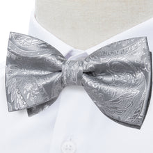Silver Grey Paisley Silk Men's Pre-Bowtie Pocket Square Cufflinks Set