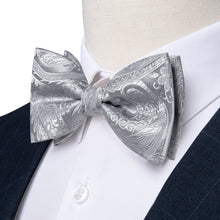 Silver Grey Paisley Silk Men's Pre-Bowtie Pocket Square Cufflinks Set