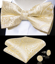 Champagne Golden Floral Silk Men's Pre-Bowtie Pocket Square Cufflinks Set