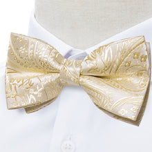 Champagne Golden Floral Silk Men's Pre-Bowtie Pocket Square Cufflinks Set