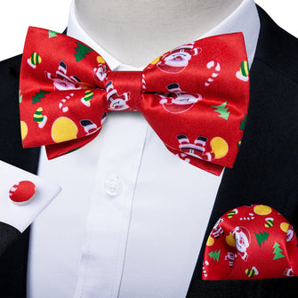 Christmas Cartoon Red Solid Silk Men's Pre-Bowtie Pocket Square Cufflinks Set