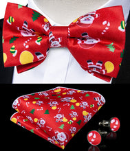 Christmas Cartoon Red Solid Silk Men's Pre-Bowtie Pocket Square Cufflinks Set