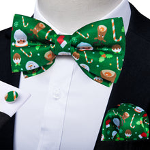 Christmas Cartoon Green Solid Silk Men's Pre-Bowtie Pocket Square Cufflinks Set