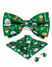 Christmas Cartoon Green Solid Silk Men's Pre-Bowtie Pocket Square Cufflinks Set