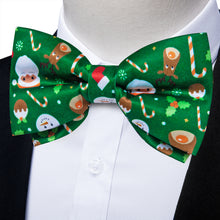 Christmas Cartoon Green Solid Silk Men's Pre-Bowtie Pocket Square Cufflinks Set