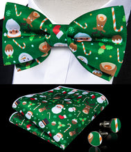 Christmas Cartoon Green Solid Silk Men's Pre-Bowtie Pocket Square Cufflinks Set