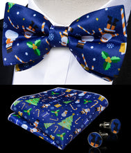 Christmas Cartoon Blue Solid Silk Men's Pre-Bowtie Pocket Square Cufflinks Set