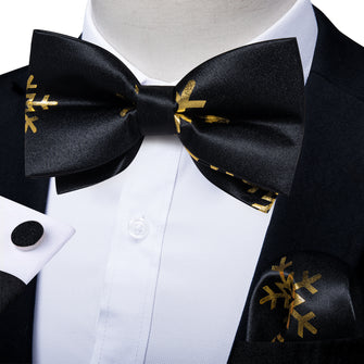 Christmas Golden Snowflake Black Solid Silk Men's Pre-Bowtie Pocket Square Cufflinks Set