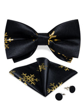 Christmas Golden Snowflake Black Solid Silk Men's Pre-Bowtie Pocket Square Cufflinks Set