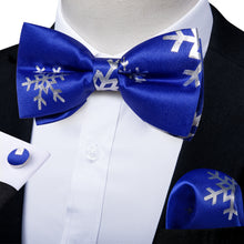 Christmas Silver Snowflake Blue Solid Silk Men's Pre-Bowtie Pocket Square Cufflinks Set
