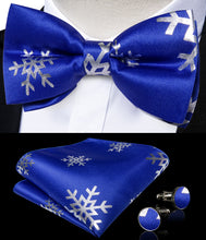 Christmas Silver Snowflake Blue Solid Silk Men's Pre-Bowtie Pocket Square Cufflinks Set