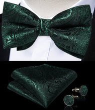 Green Floral Silk Men's Pre-Bowtie Pocket Square Cufflinks Set