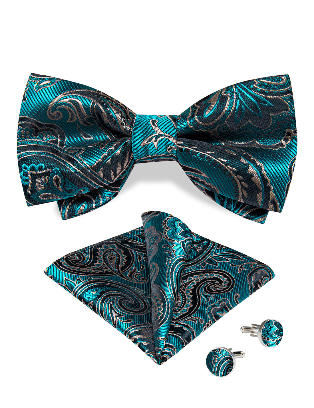 Teal Black Green Floral Silk Men's Pre-Bowtie Pocket Square Cufflinks Set
