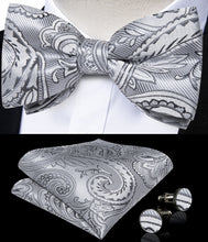 Silver Black Floral Silk Men's Pre-Bowtie Pocket Square Cufflinks Set