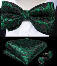 Green Floral Silk Men's Pre-Bowtie Pocket Square Cufflinks Set