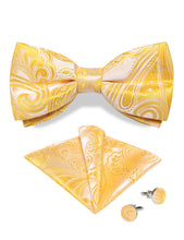 Yellow Floral Silk Men's Pre-Bowtie Pocket Square Cufflinks Set
