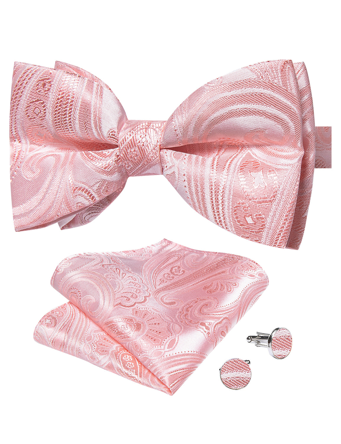 Pink Floral Silk Men's Pre-Bowtie Pocket Square Cufflinks Set