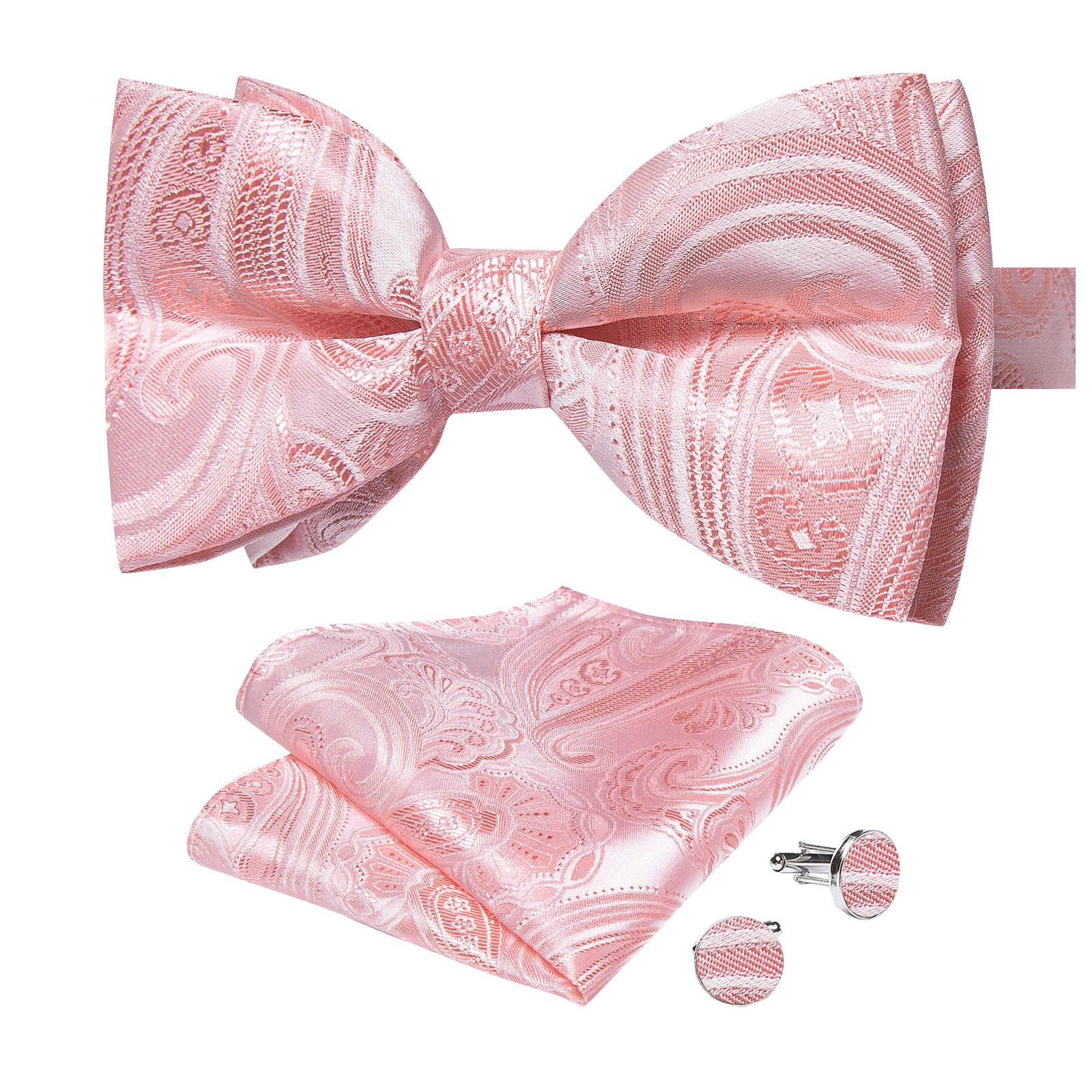 Pink Floral Silk Men's Pre-Bowtie Pocket Square Cufflinks Set