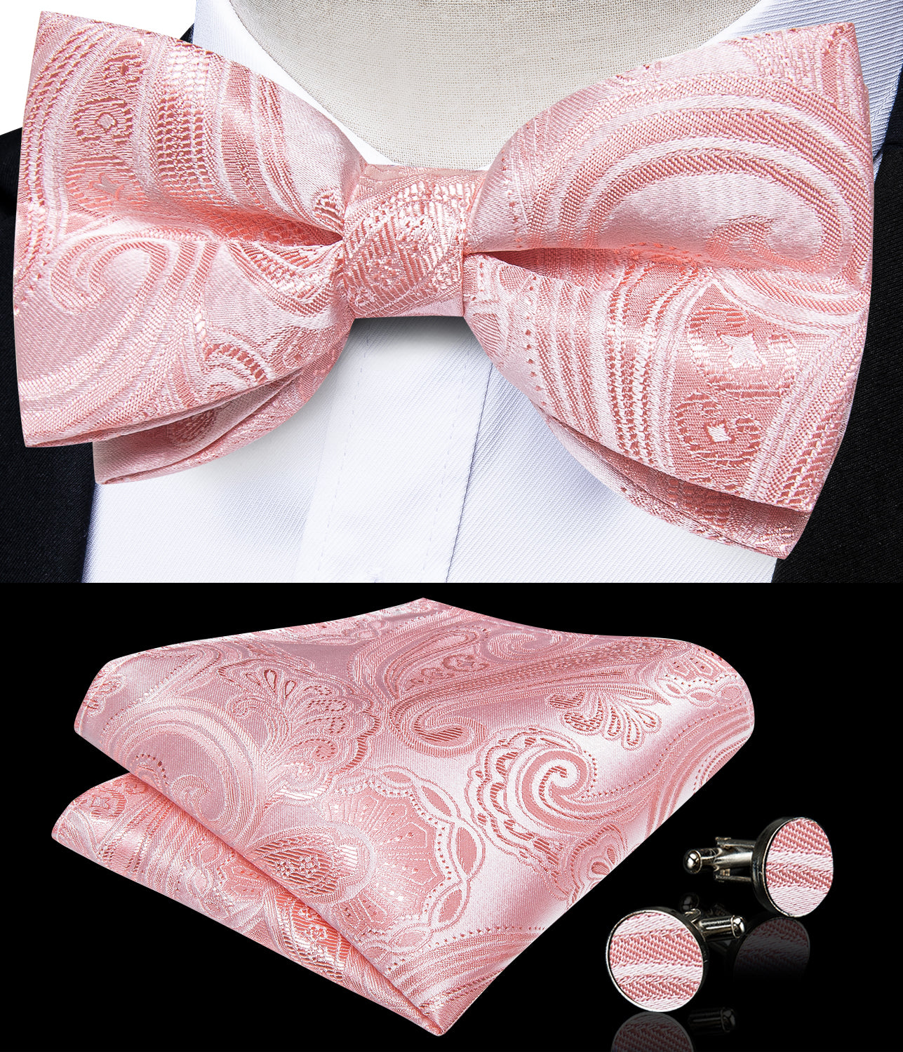 Pink Floral Silk Men's Pre-Bowtie Pocket Square Cufflinks Set