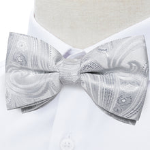 Grey Floral Silk Men's Pre-Bowtie Pocket Square Cufflinks Set