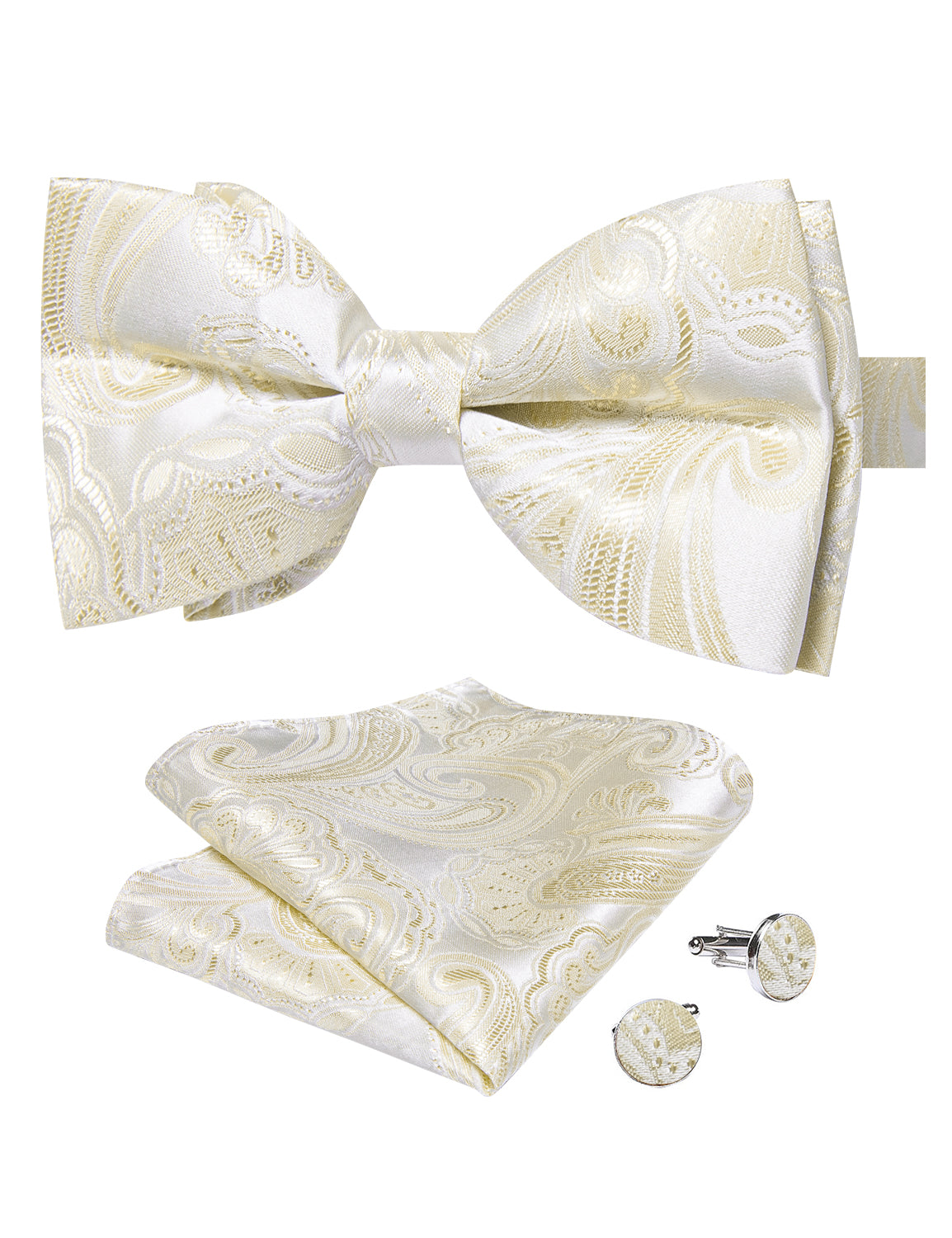White Champagne Floral Silk Men's Pre-Bowtie Pocket Square Cufflinks Set