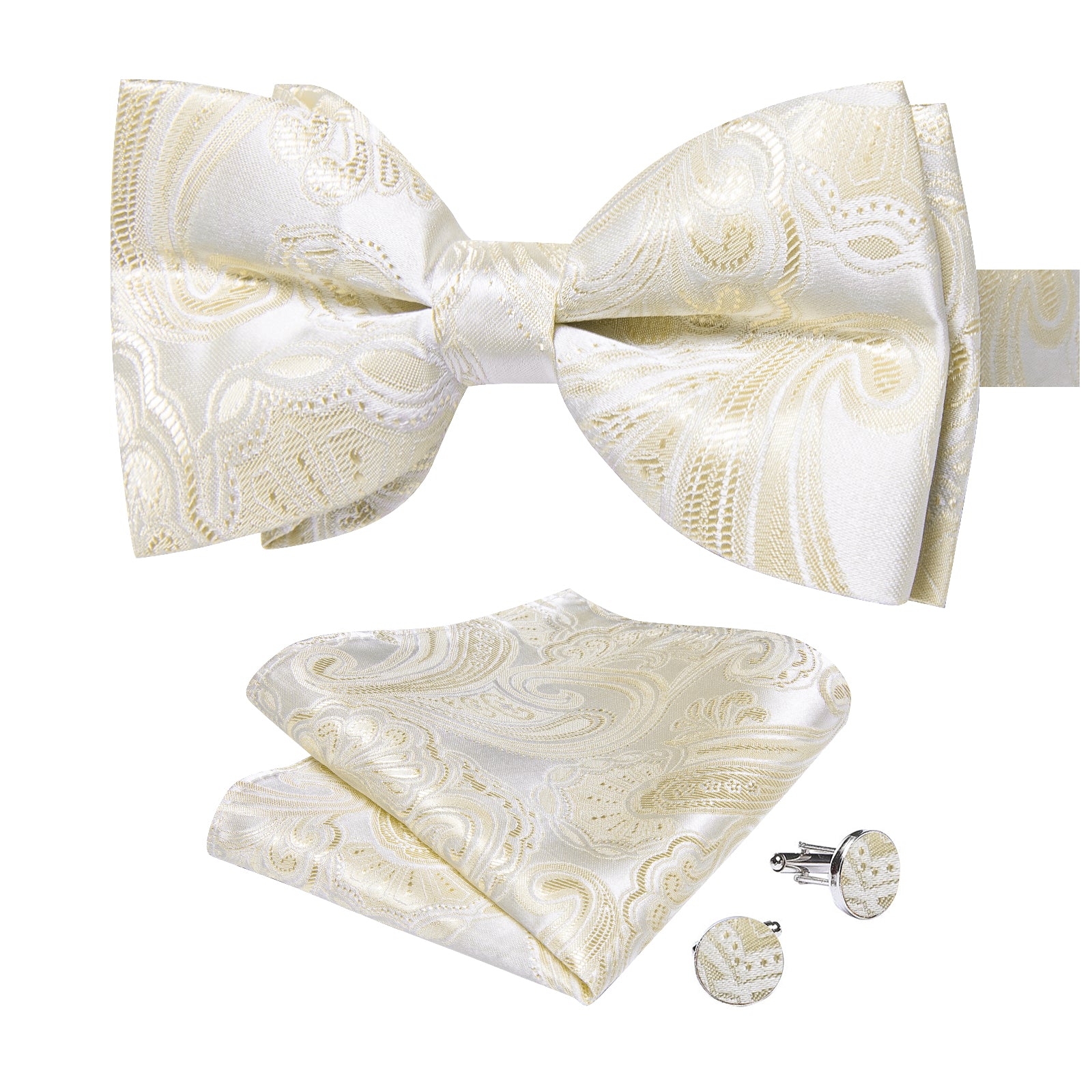 White Champagne Floral Silk Men's Pre-Bowtie Pocket Square Cufflinks Set