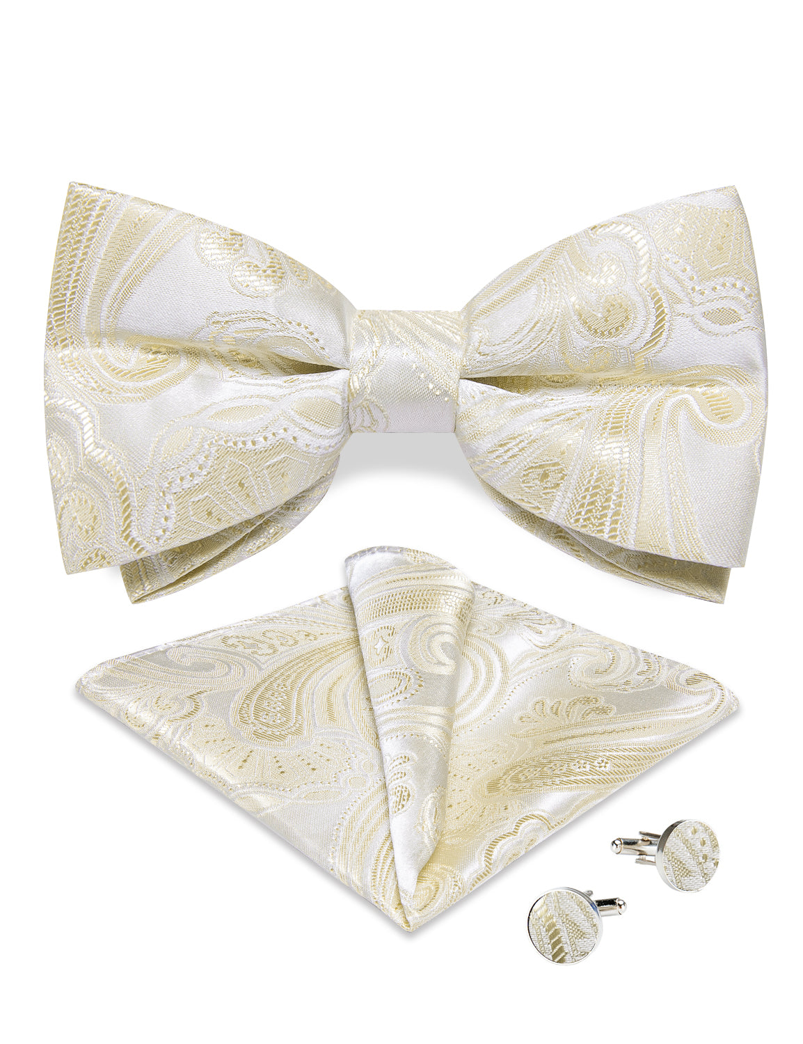 White Champagne Floral Silk Men's Pre-Bowtie Pocket Square Cufflinks Set