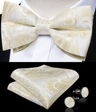 White Champagne Floral Silk Men's Pre-Bowtie Pocket Square Cufflinks Set