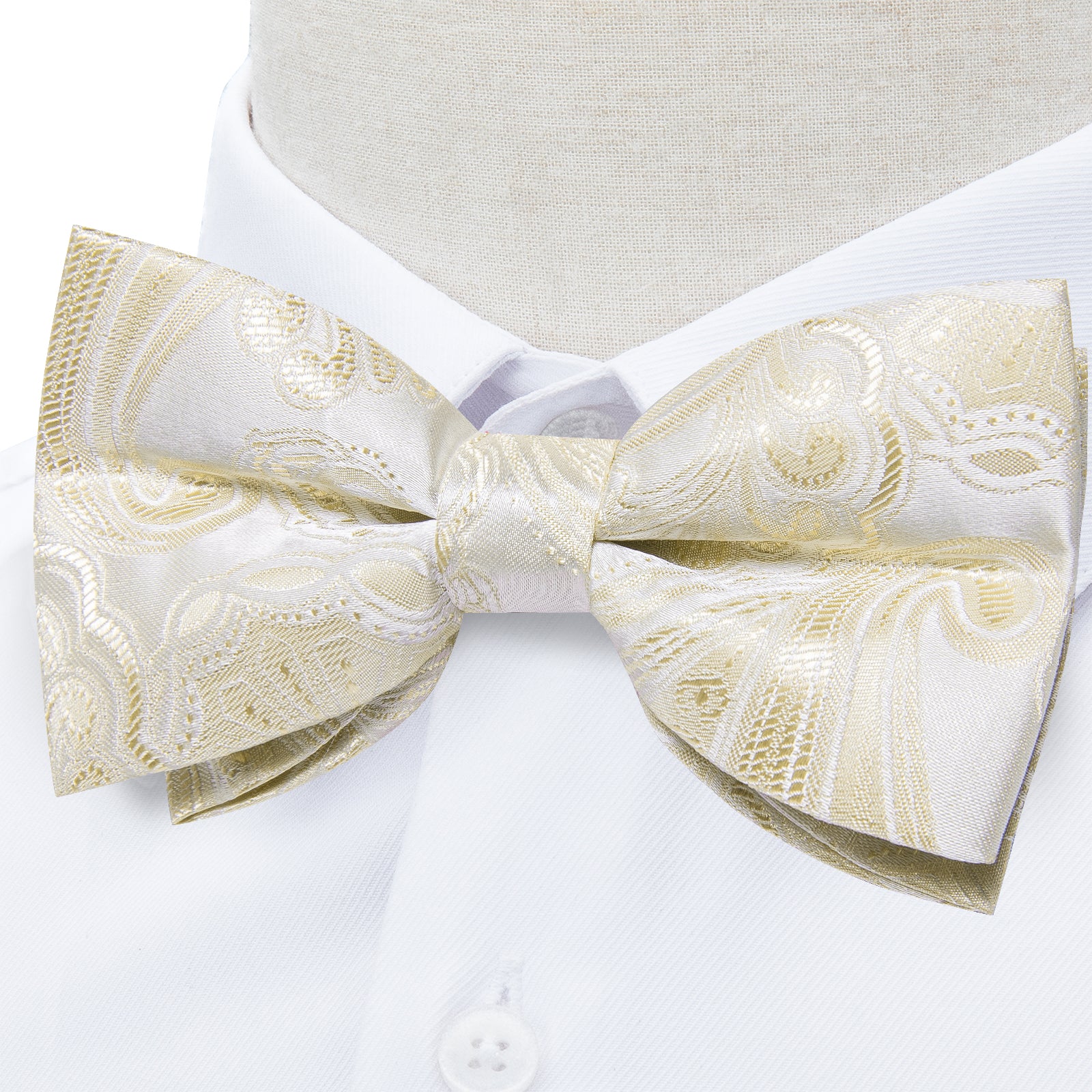White Champagne Floral Silk Men's Pre-Bowtie Pocket Square Cufflinks Set