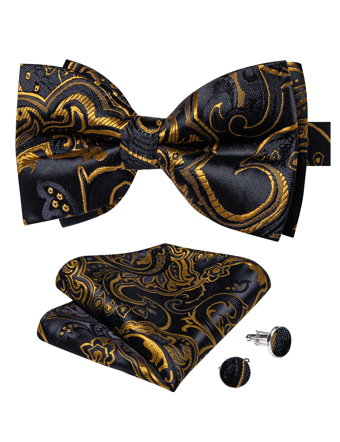 Black Golden Floral Silk Men's Pre-Bowtie Pocket Square Cufflinks Set