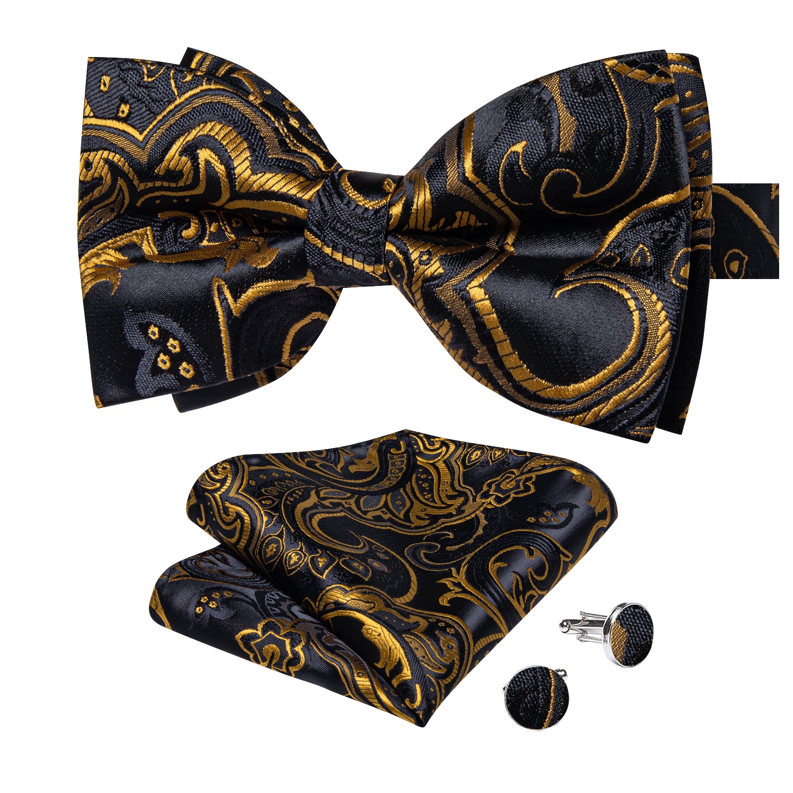 Black Golden Floral Silk Men's Pre-Bowtie Pocket Square Cufflinks Set