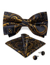 Black Golden Floral Silk Men's Pre-Bowtie Pocket Square Cufflinks Set