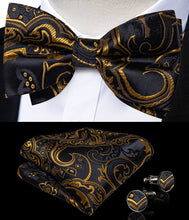 Black Golden Floral Silk Men's Pre-Bowtie Pocket Square Cufflinks Set