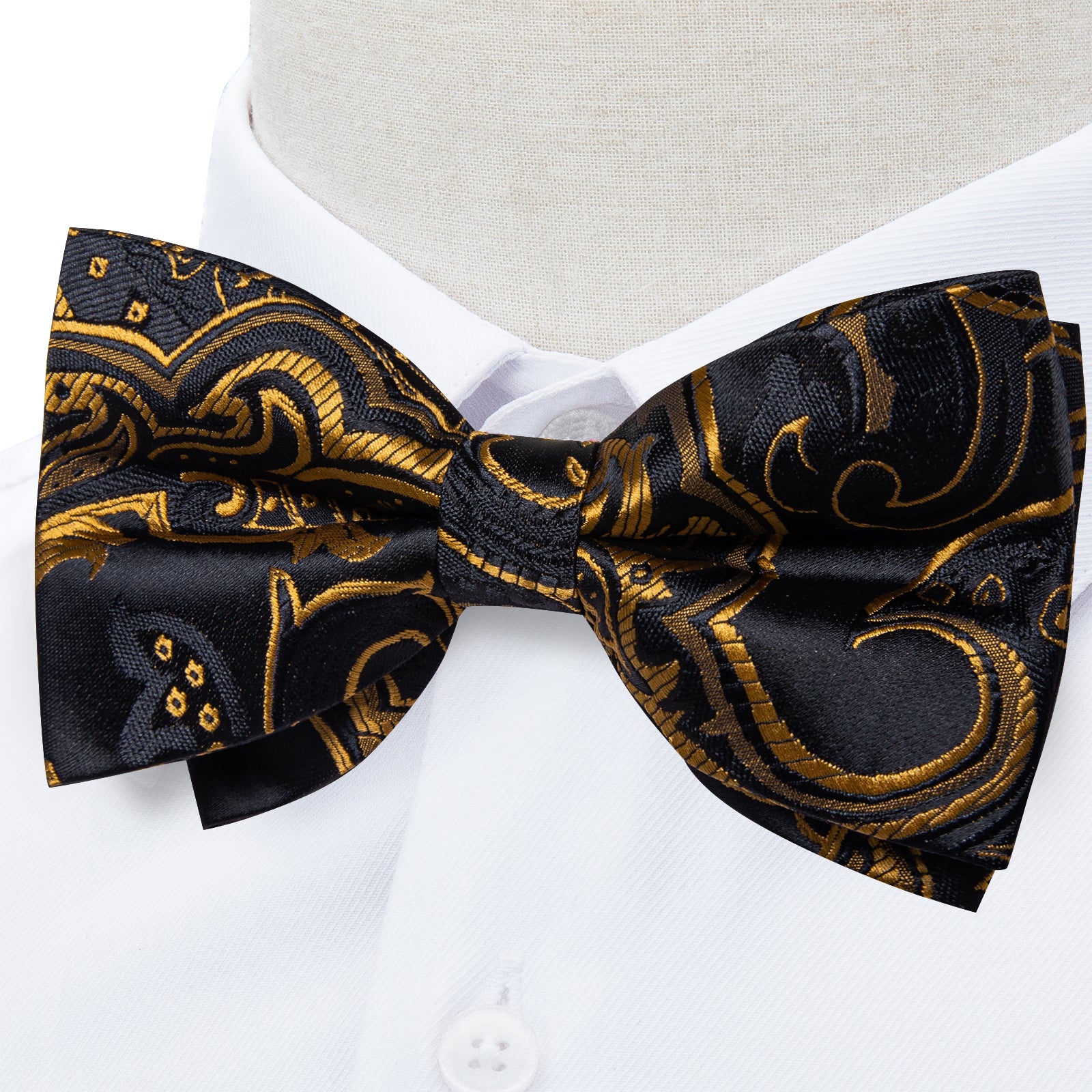 Black Golden Floral Silk Men's Pre-Bowtie Pocket Square Cufflinks Set